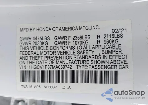 2021 Honda Accord Sport z USA, uszkodzony, nr VIN 1HGCV1F37MA039742